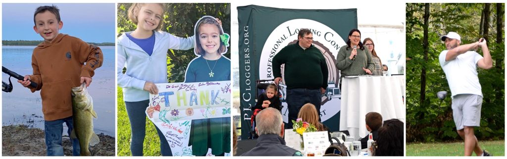 four photos showing a child holding a fishing pole and fish, a child posing in front of a cardboard cut out of another child, people speaking to a group of people and a man swinging a golf club