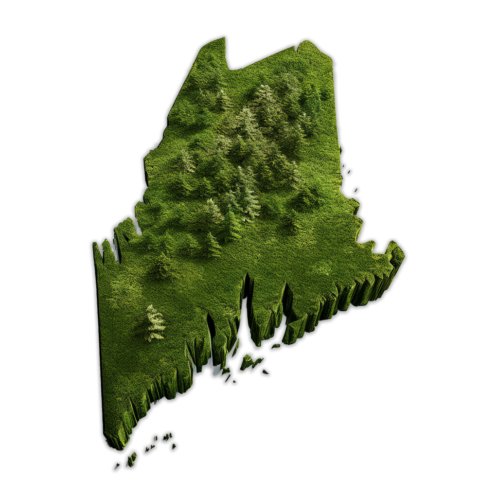 graphic of the state of Maine with a forest background