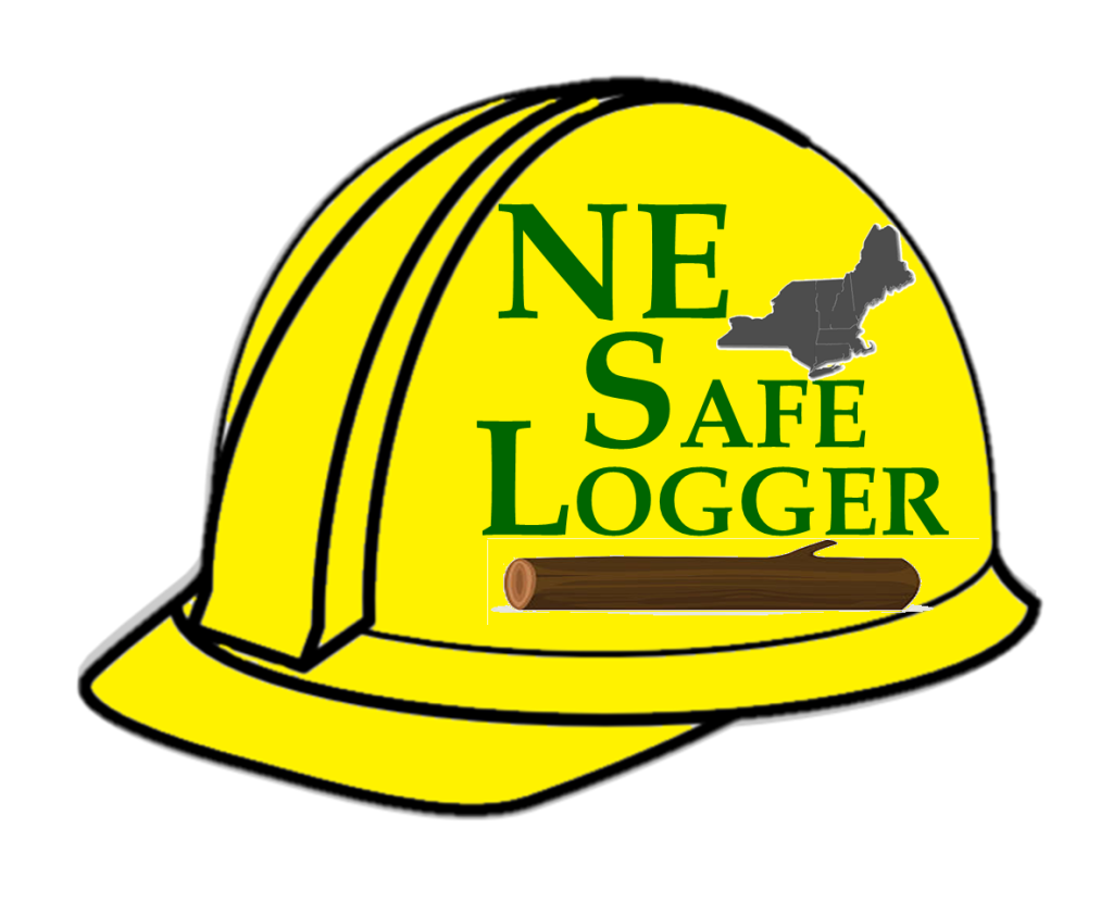 graphic of a yellow hard hat with the words "NE Safe Logger" written on it. Also includes a graphic of the northeastern united states and a tree log